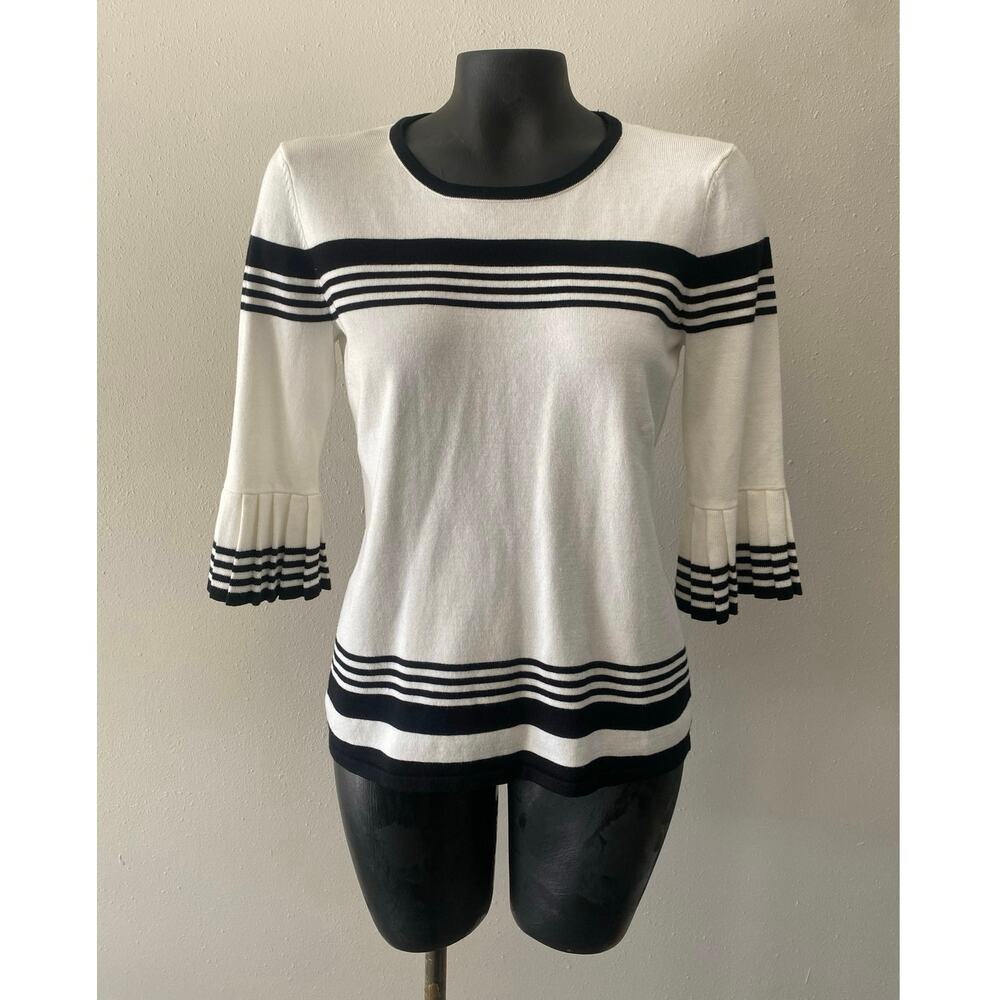 Women’s Striped Knit Top Women’s S White Black Pleated Sleeve Careerwear Coastal